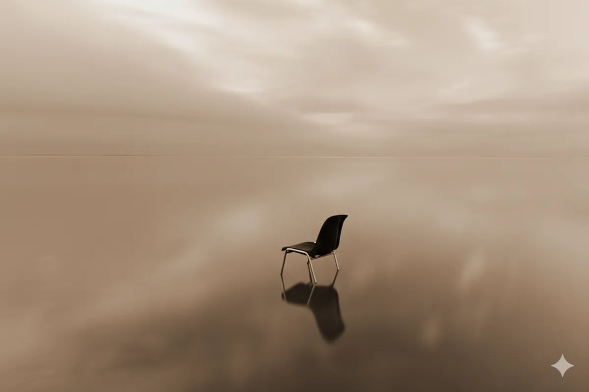 A solitary chair by the water, symbolising reflection and solitude